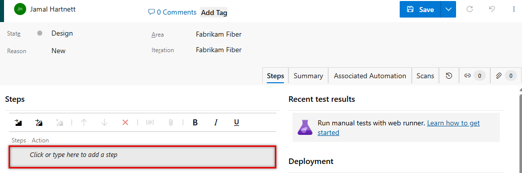 Screenshot showing the steps entered for a test case.