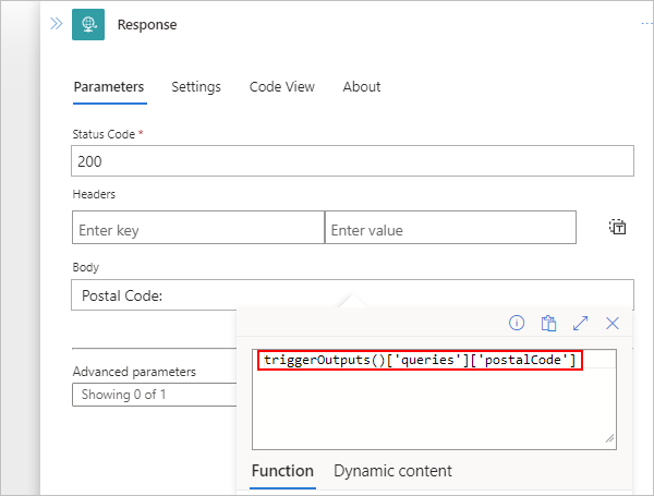 Screenshot shows Consumption workflow with Response action and example triggerOutputs expression.
