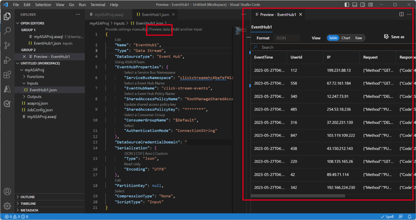 Screenshot of VS Code extension previewing live input data.