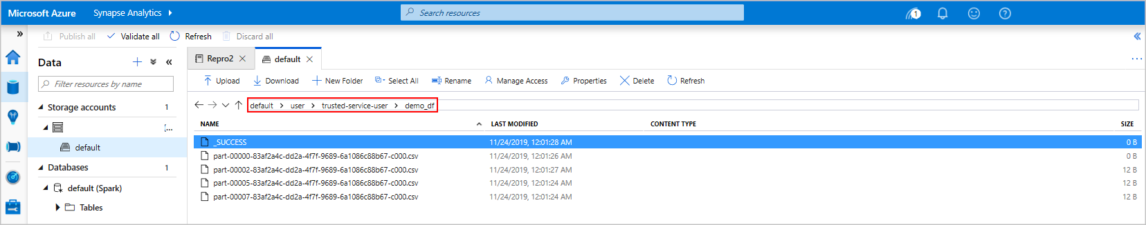 Storage explorer view of the output Storage explorer view of the output