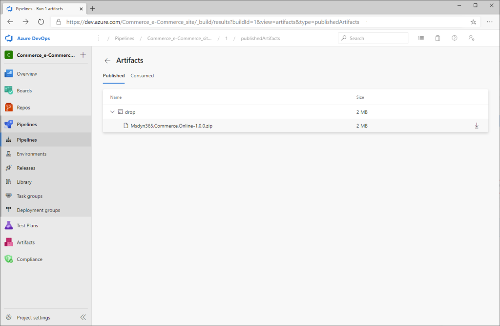 Screenshot of Artifacts page showing the pipeline run zip file under the expanded Drop folder.