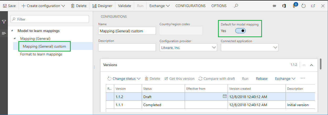 Screenshot of the ER configurations page showing the Default for model mapping slider set to Yes.