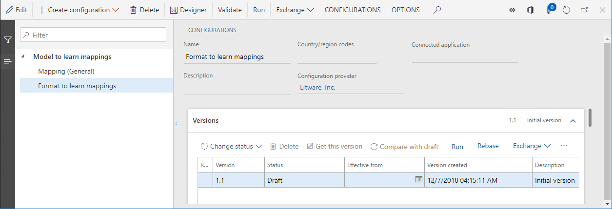Screenshot of the ER configurations page showing the Format to learn mappings configuration.