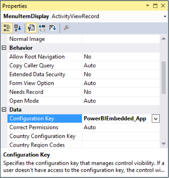 Screenshot of linking the menu item to the PowerBIEmbedded_App configuration key.