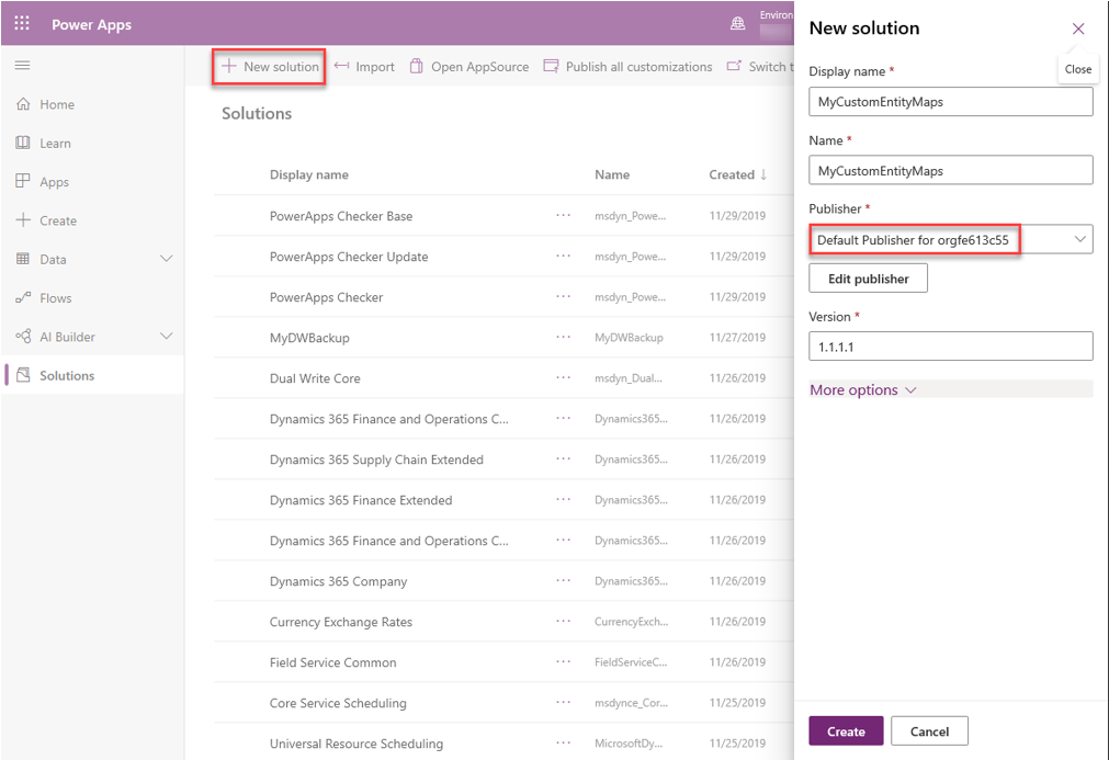Screenshot of creating a new solution and adding table maps in Power Apps.