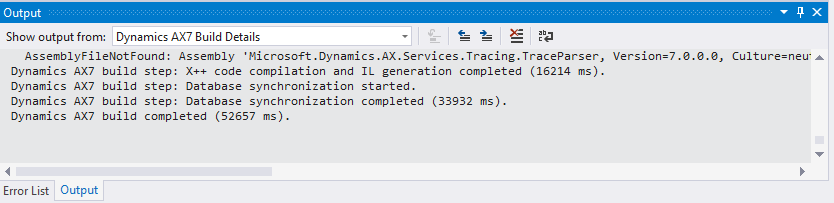 Screenshot of the Build output window.