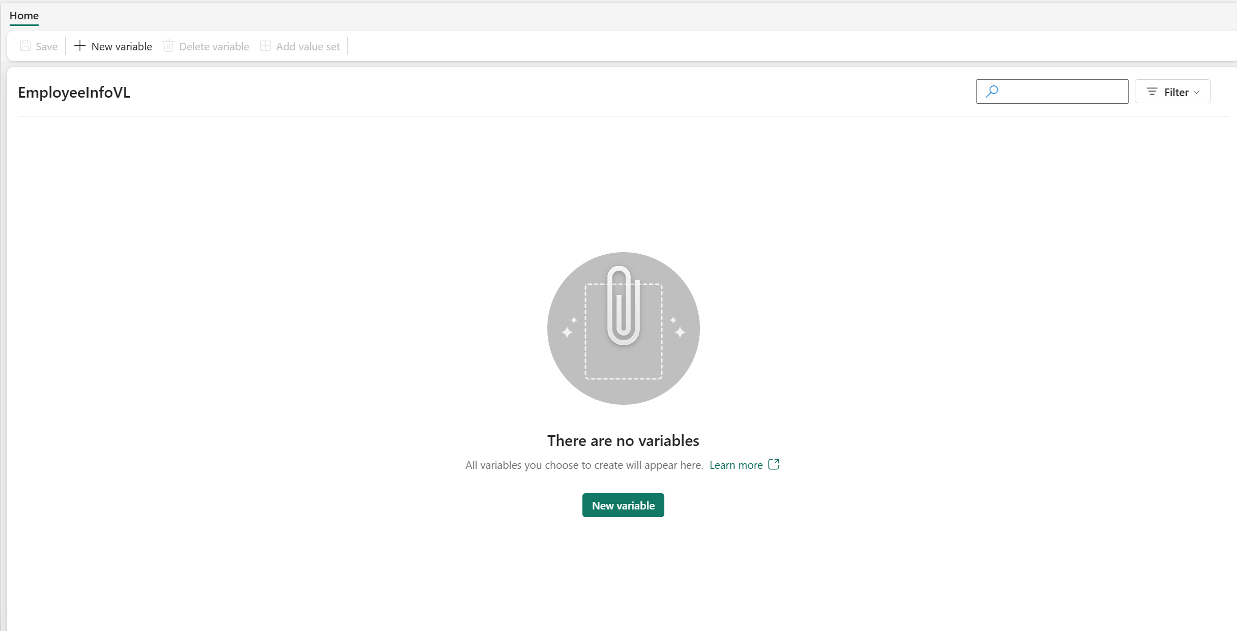 Skjermbilde av et tomt variabelbibliotek med en knapp for en ny variabel.