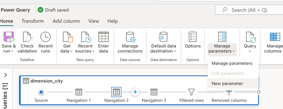 Skjermbilde av oppføringen i Hjem-fanen for å opprette en ny parameter.