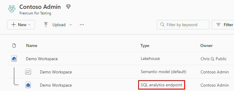 Skjermbilde som viser endepunkttypen sql analytics i arbeidsområdet.