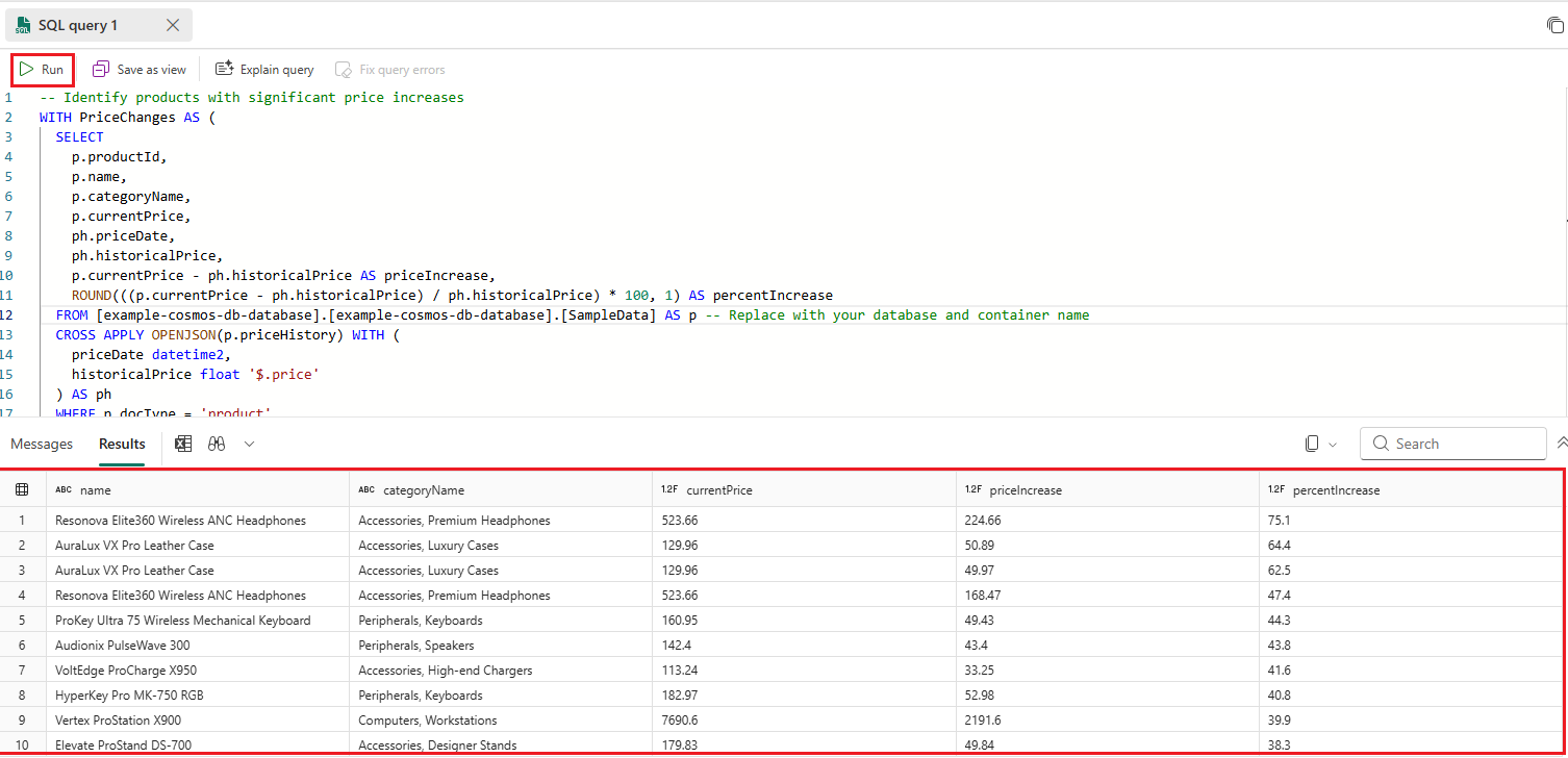 Skjermbilde av en OPENJSON Transact SQL (T-SQL)-spørring ved bruk av spørringseditoren i SQL-analyseendepunktet for et avansert scenario.