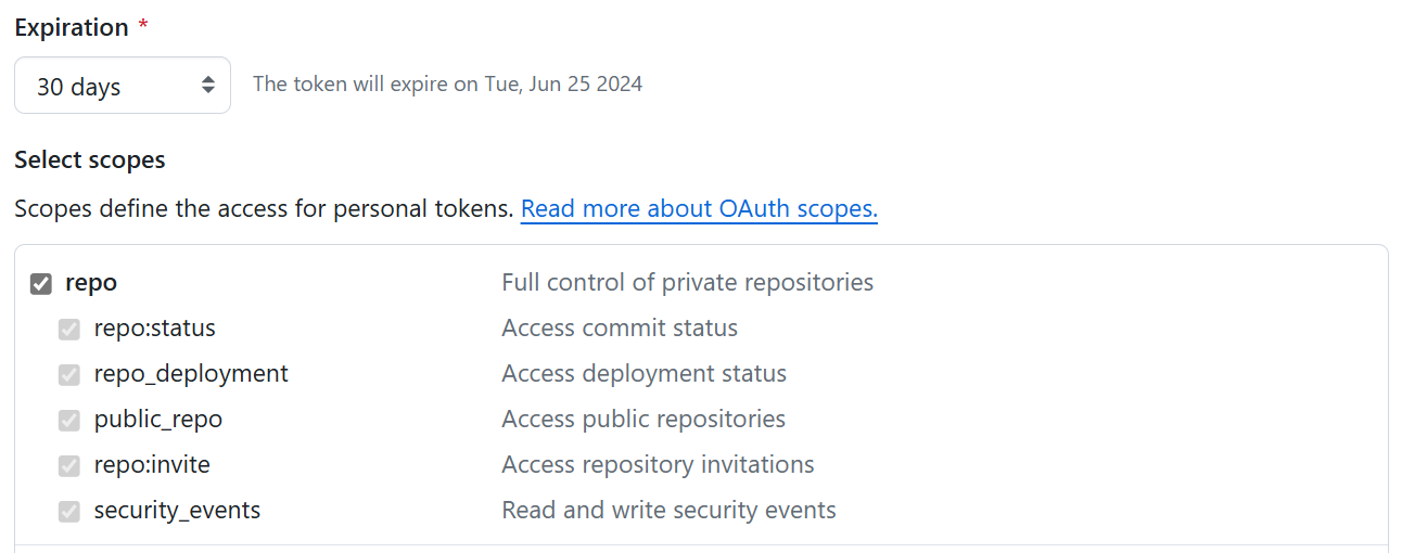 Skjermbilde av GitHub klassiske token-scopes.