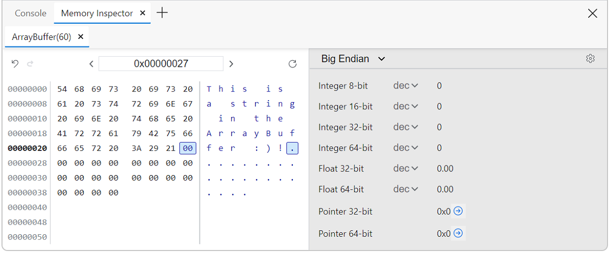 Memory inspector address change