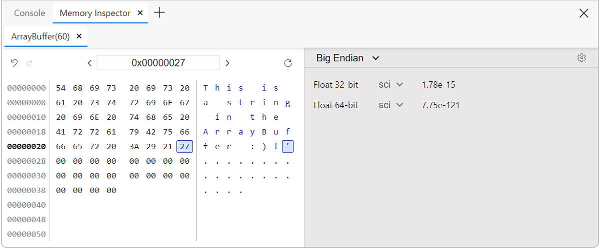 Memory inspector address values updated view