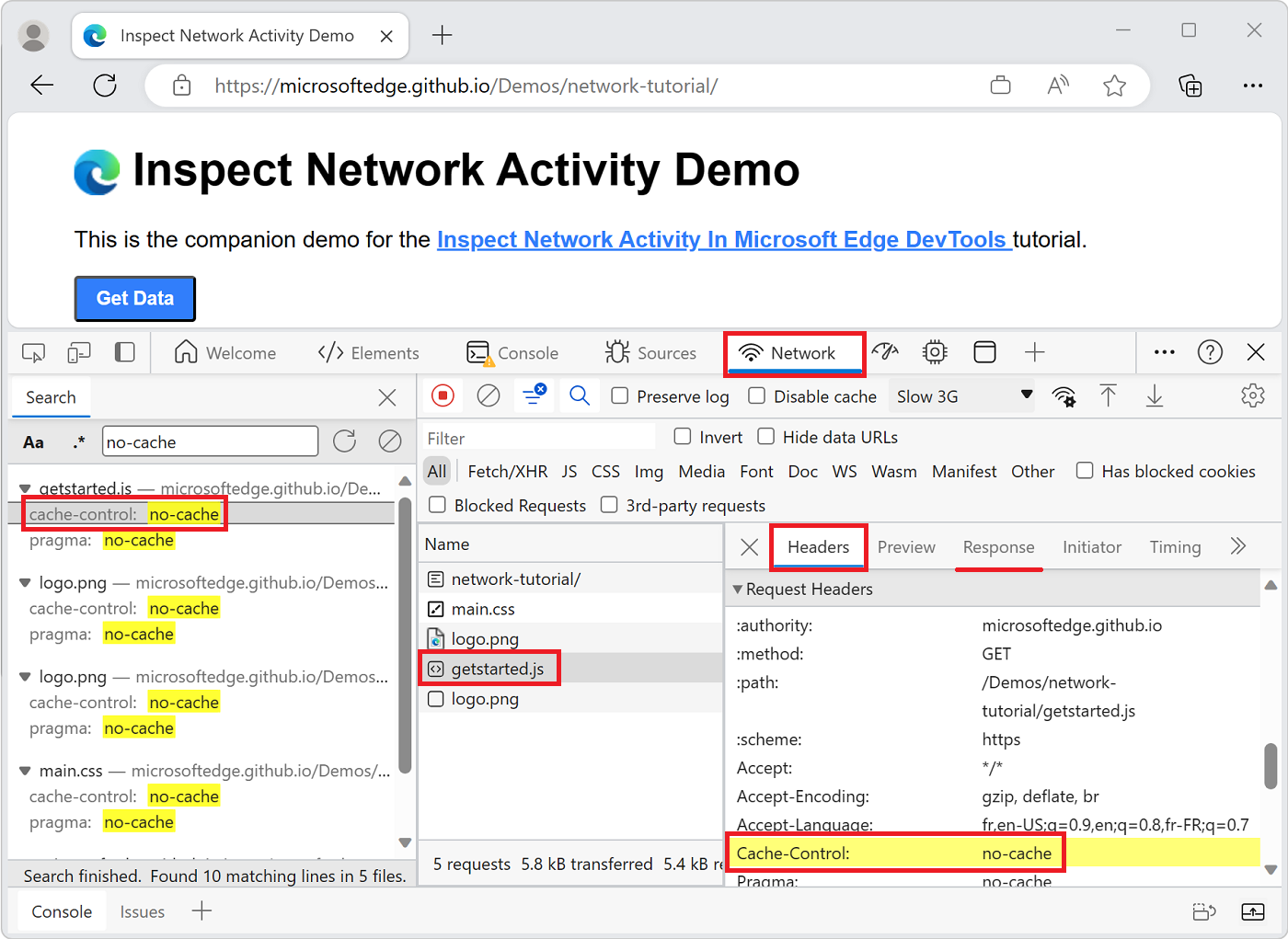 A search result highlighted in the Headers panel