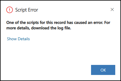 Screenshot of a script error dialog box showing JavaScript debugging information in model-driven apps.