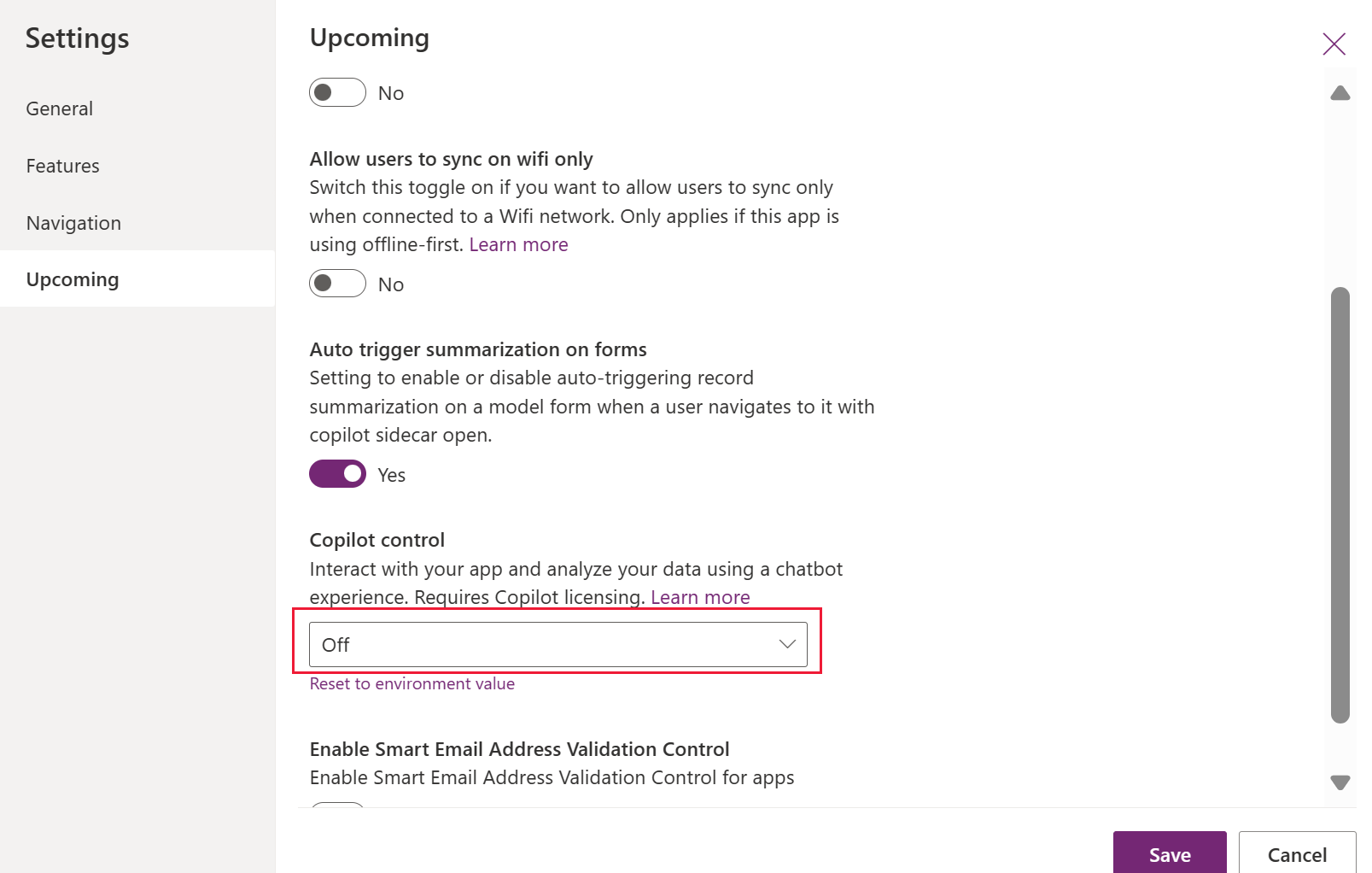 Screenshot som viser hvordan du slår av Copilot chat i en modelldrevet app.