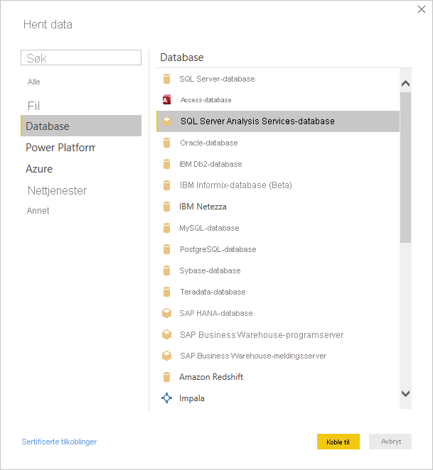 Skjermbilde som viser dialogboksen Hent data med SQL Server Analysis Services-databasen valgt.