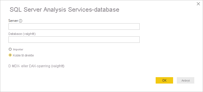 Skjermbilde som viser databasevinduet i SQL Server Analysis Services.