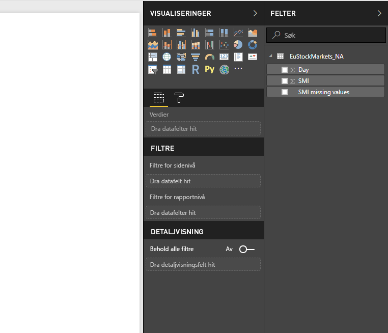 Skjermbilde av feltpanelet, som viser de lastede dataene.