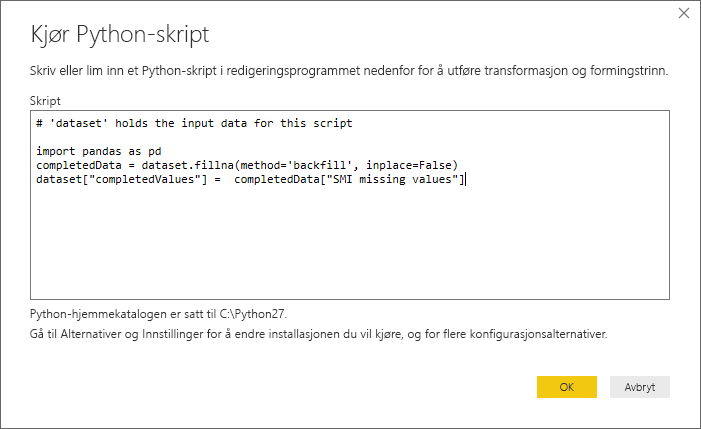 Skjermbilde av dialogen Run Python Script, som viser skriptkoden.