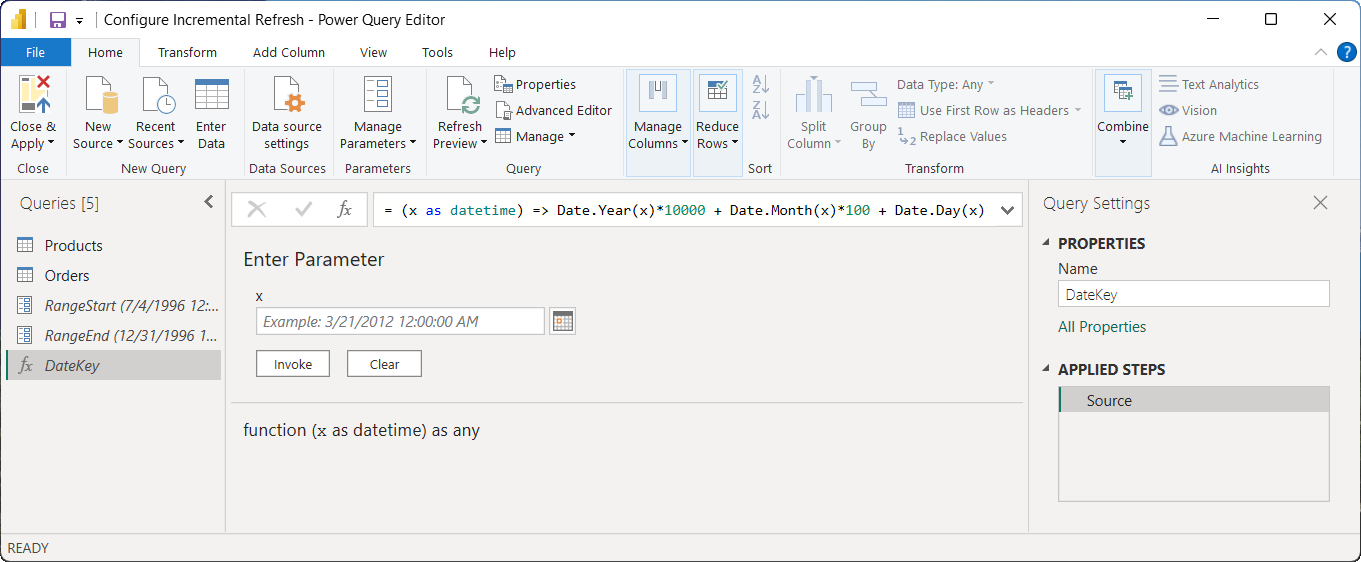 Redigeringsprogram for power BI-funksjon som viser heltallssurrogat datekey-funksjonen.