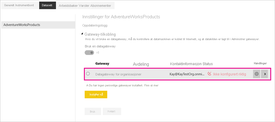 Skjermbilde som viser gateway-tilkoblingen i Innstillinger.