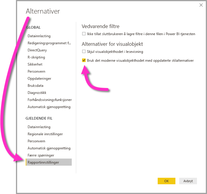 Skjermbilde av menyen Innstillinger, Rapportinnstillinger og avkrysningsboksen Bruk den moderne visuelle overskriften med oppdaterte stilalternativer.