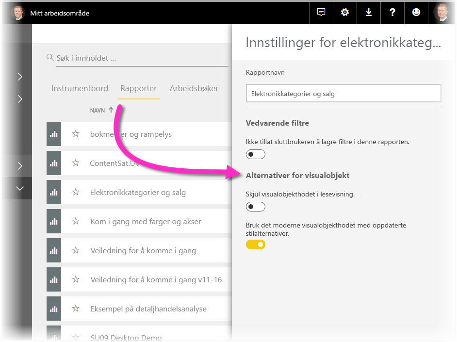 Skjermbilde av innstillingene for en rapport i Power BI-tjenesten.