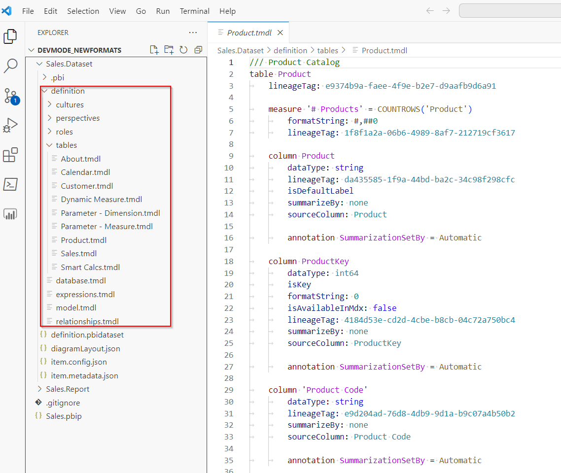 Skjermbilde av en semantisk modelldefinisjonsmappe i VS Code.