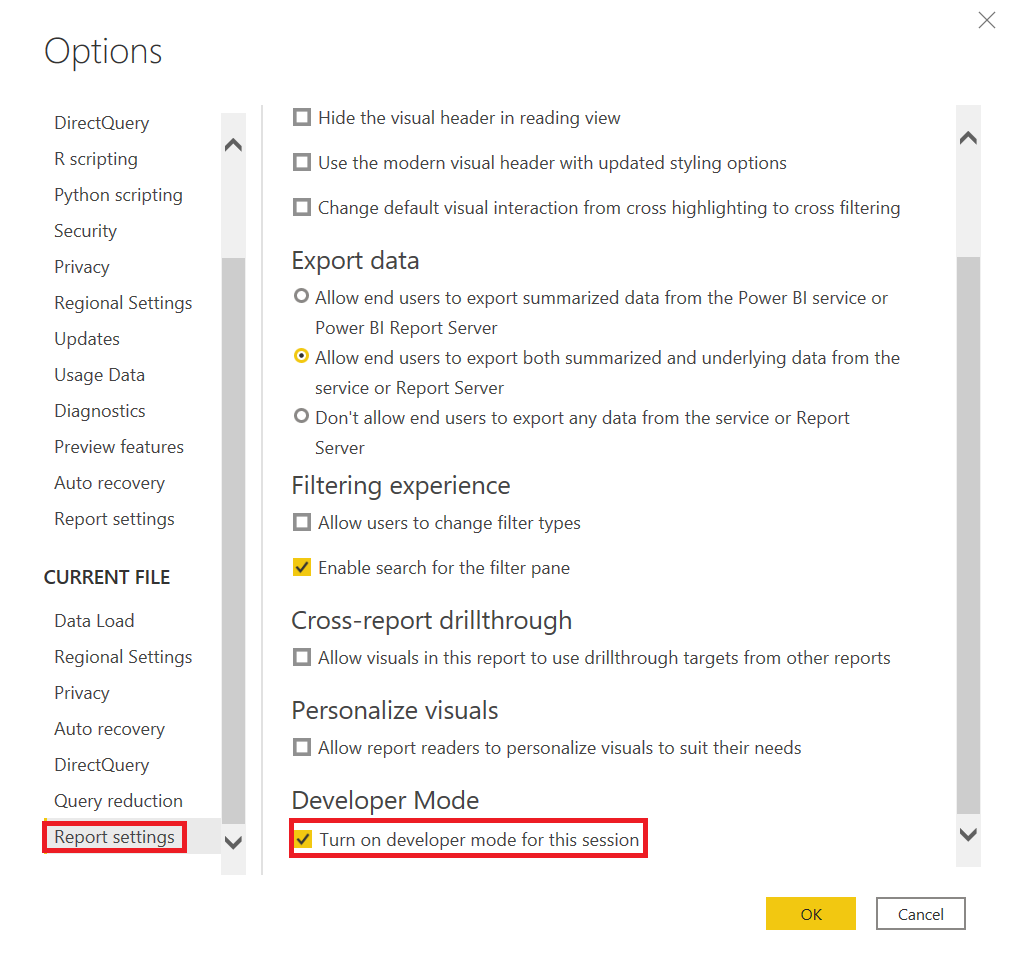 Skjermbilde av utviklermodus i Power BI Desktop.