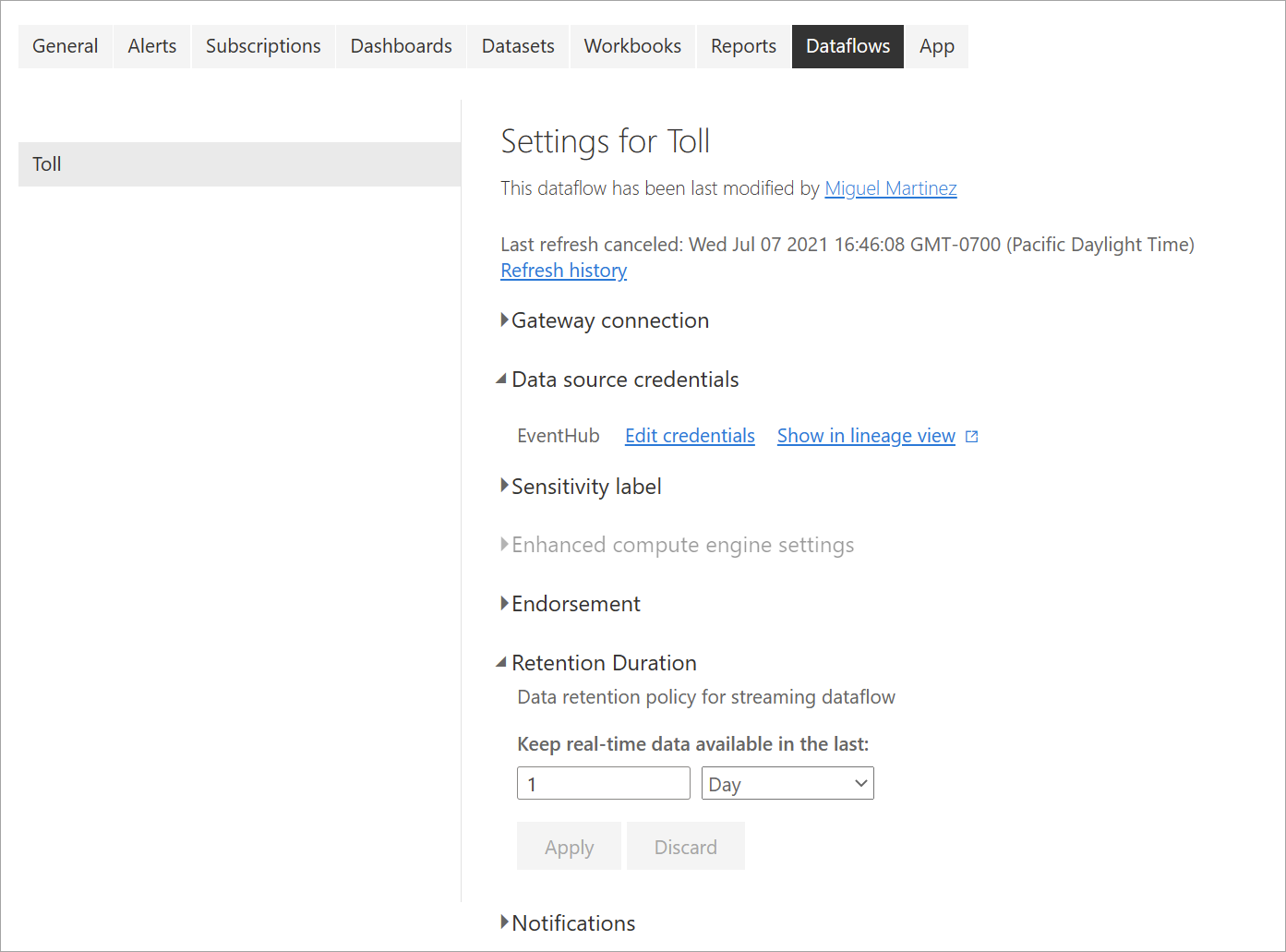 Skjermbilde som viser innstillinger for en dataflyt for strømming.