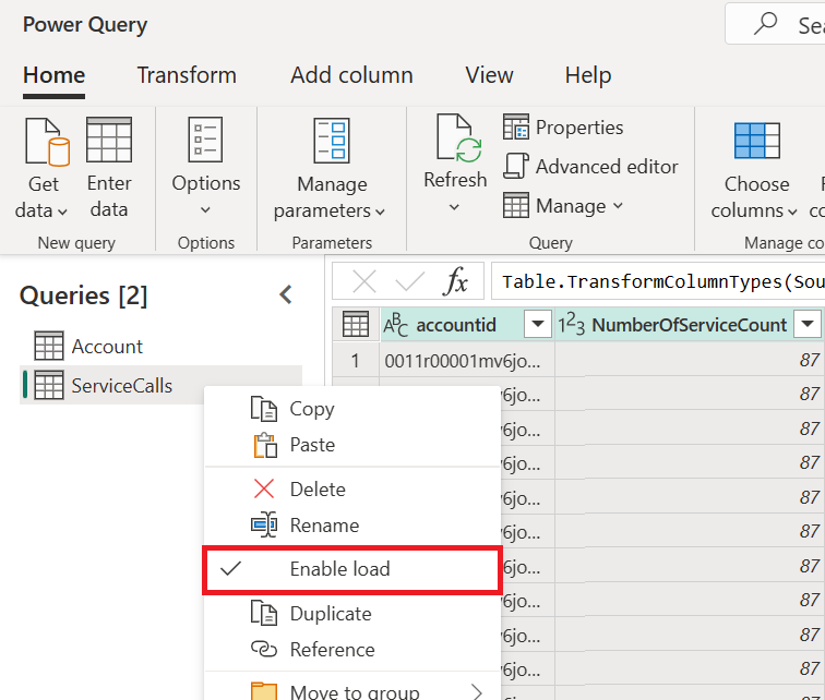 Skjermbilde av spørringens snarveismeny med aktiver last valgt.