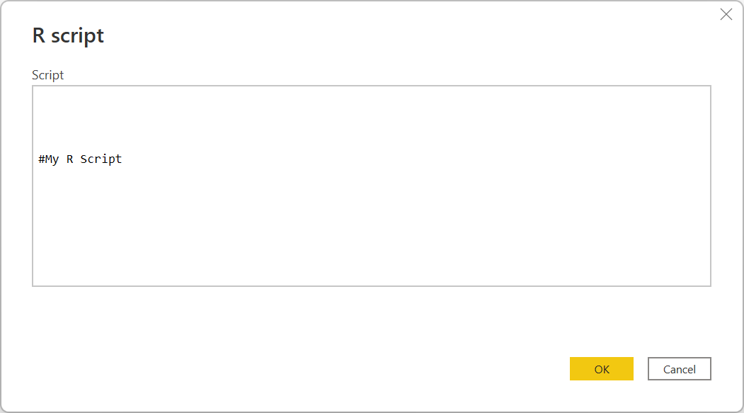 Skjermbilde av R-skriptdialogen, som viser utførelsesskriptet.