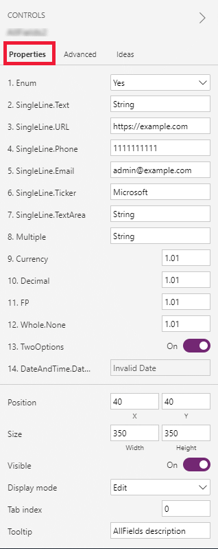 Default code components properties pane Default code component properties pane.