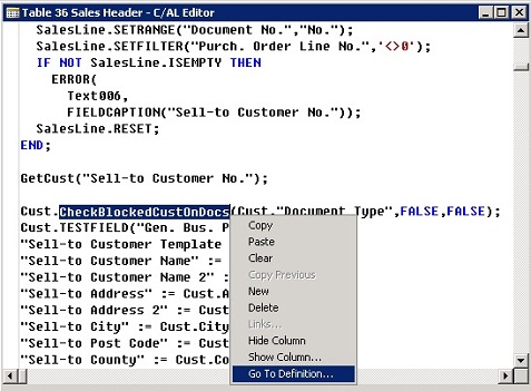 GotoDef_FromCALEditor_UserFunc_Object Screenshot that shows where to select Go To Definition from the CAL Editor.