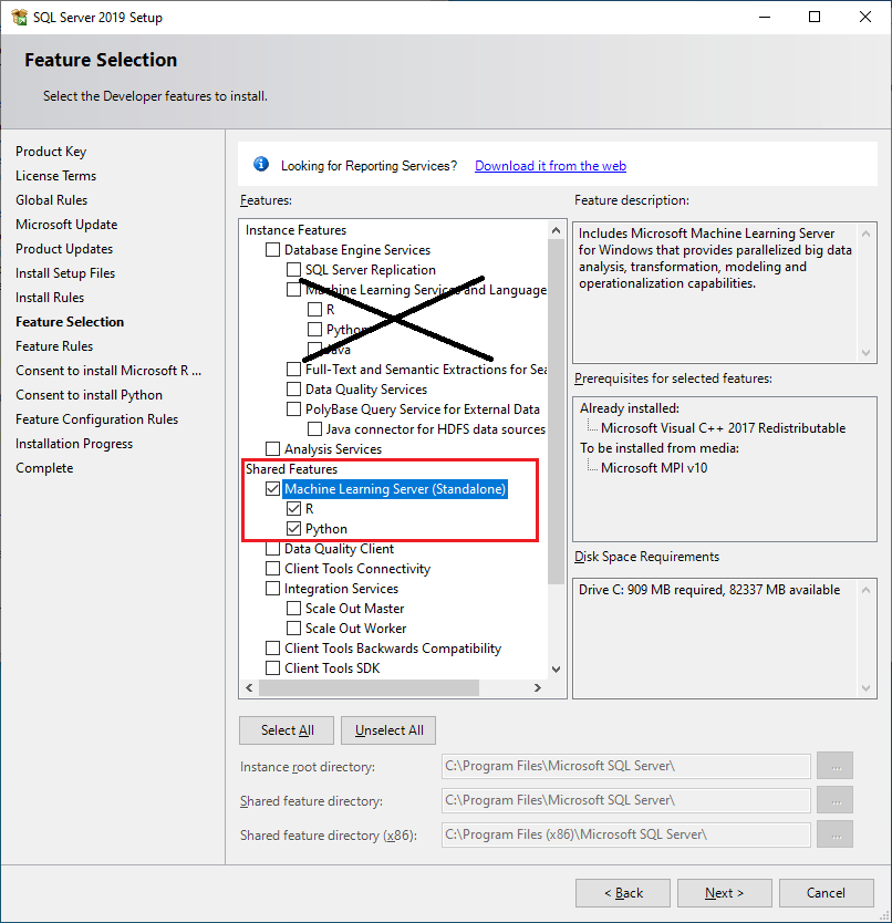 Start installation of Machine Learning Server Standalone Choose R or Python features
