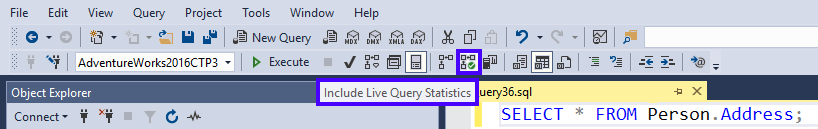Live Query Stats button on toolbar Live Query Stats button on toolbar