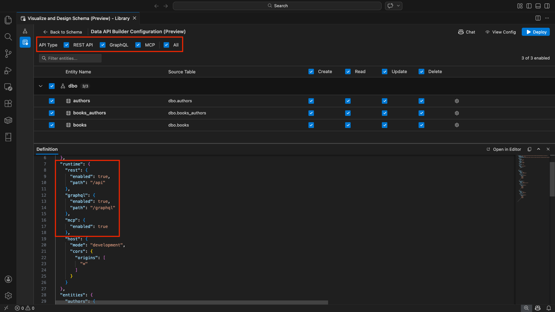 Screenshot of the REST API, GraphQL, MCP, and All checkboxes at the top of the Data API builder configuration view.