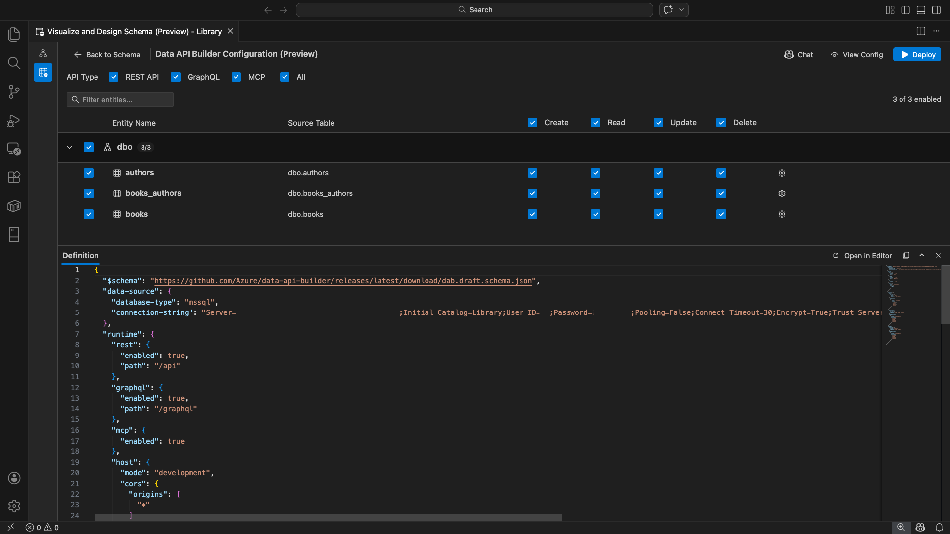 Screenshot of the Data API builder UI with entity list and CRUD checkboxes in Visual Studio Code.