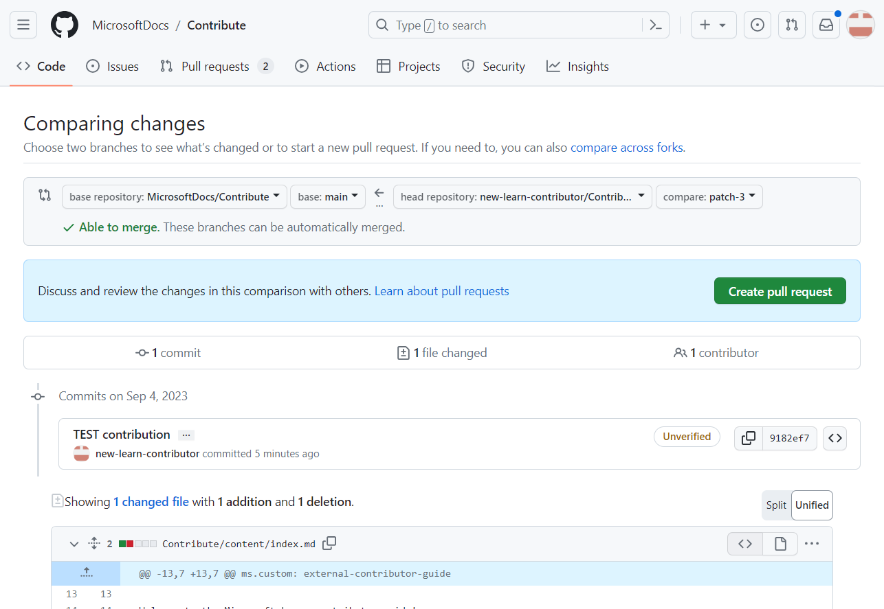 Skjermbilde av siden for å bekrefte at grunntallet er hoved, noe som betyr at endringene slås sammen til hovedgrenen. 