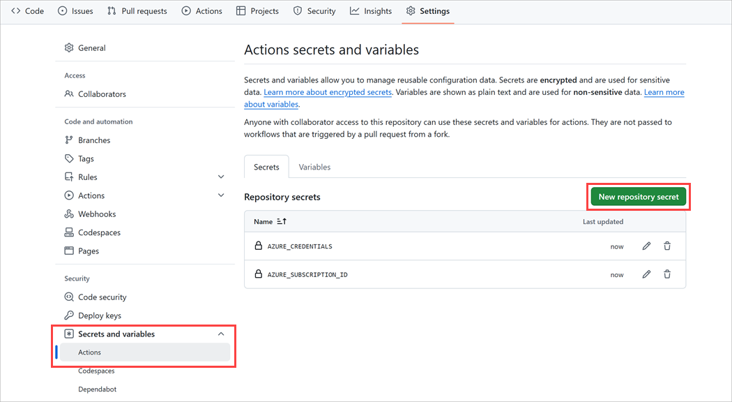 Skjermbilde av GitHub-portalgrensesnittet for å opprette en hemmelighet.