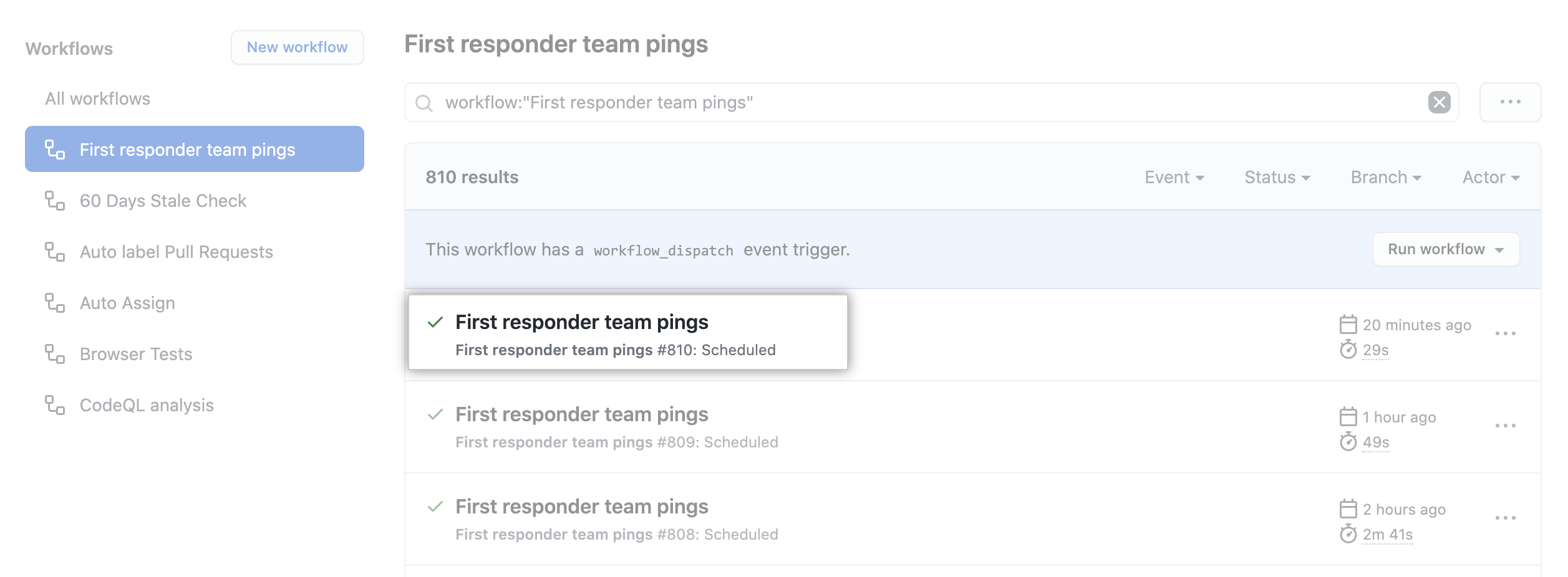 Skjermbilde som viser et eksempel arbeidsflyt kjøres på GitHub.