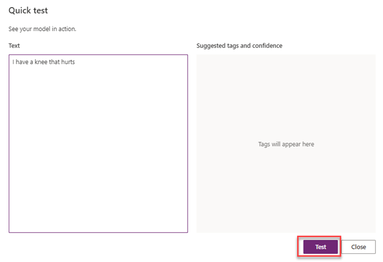 Screenshot of the Quick test pop-up window with the following text: I have a knee that hurts. The Test option is highlighted.