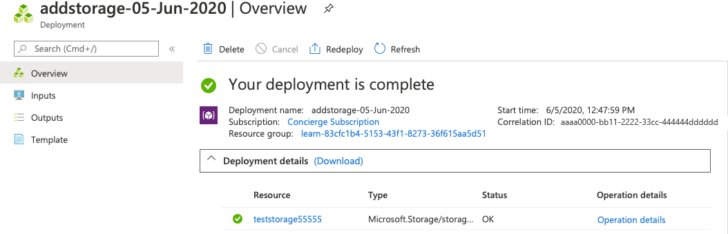 Skjermbilde av Azure Portal-grensesnittet for den bestemte distribusjonen med én ressurs oppført.