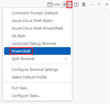 Skjermbilde av terminalvinduet for Visual Studio Code, der rullegardinlisten for terminalskallet vises og PowerShell er valgt.