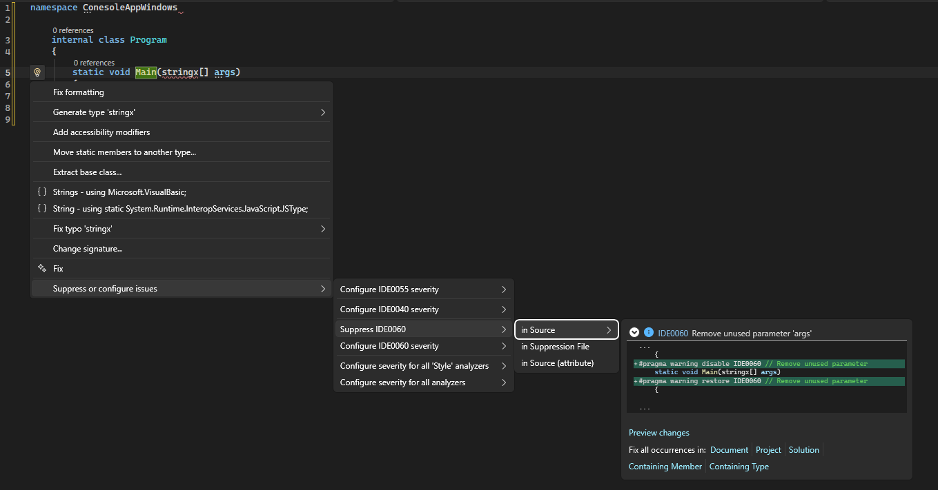 Screenshot that shows in Source selection from the Quick Actions Suppress menu.
