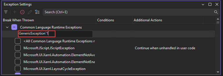 Screenshot that shows how to add a generic exception.