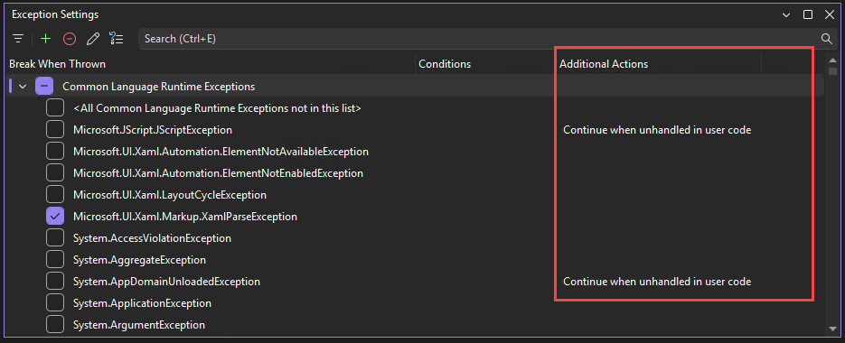 Screenshot of the Additional Actions column.