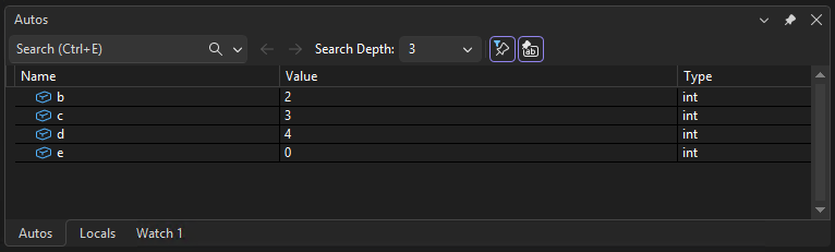 Screenshot of the Autos window. The int c has a value of 3.