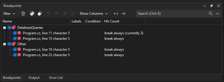 Screenshot of breakpoint groups.